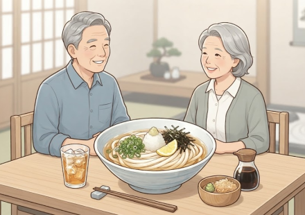 여름 일식집 테이블에 놓인 냉우동 한 그릇과 냉우동 이름 뜻을 보여 주는 장면