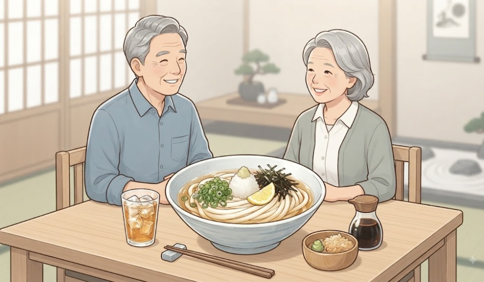 여름 일식집 테이블에 놓인 냉우동 한 그릇과 냉우동 이름 뜻을 보여 주는 장면