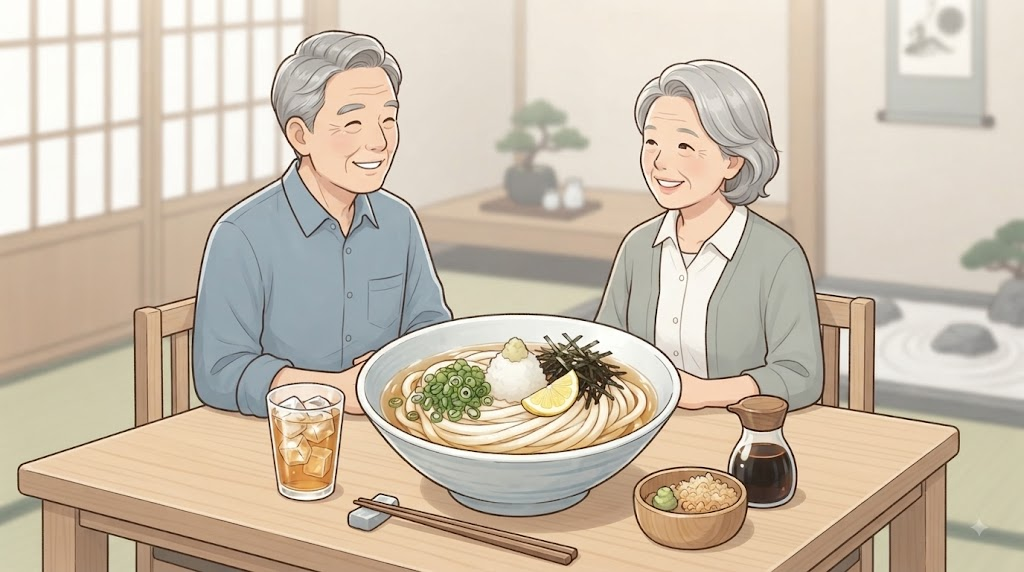 여름 일식집 테이블에 놓인 냉우동 한 그릇과 냉우동 이름 뜻을 보여 주는 장면