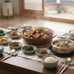 갈비찜 갈비탕 차이를 보여주는 명절 한식 상차림 이미지