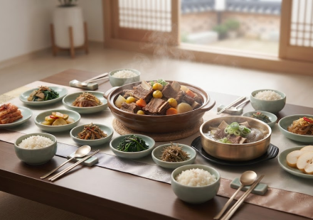 갈비찜 갈비탕 차이를 보여주는 명절 한식 상차림 이미지