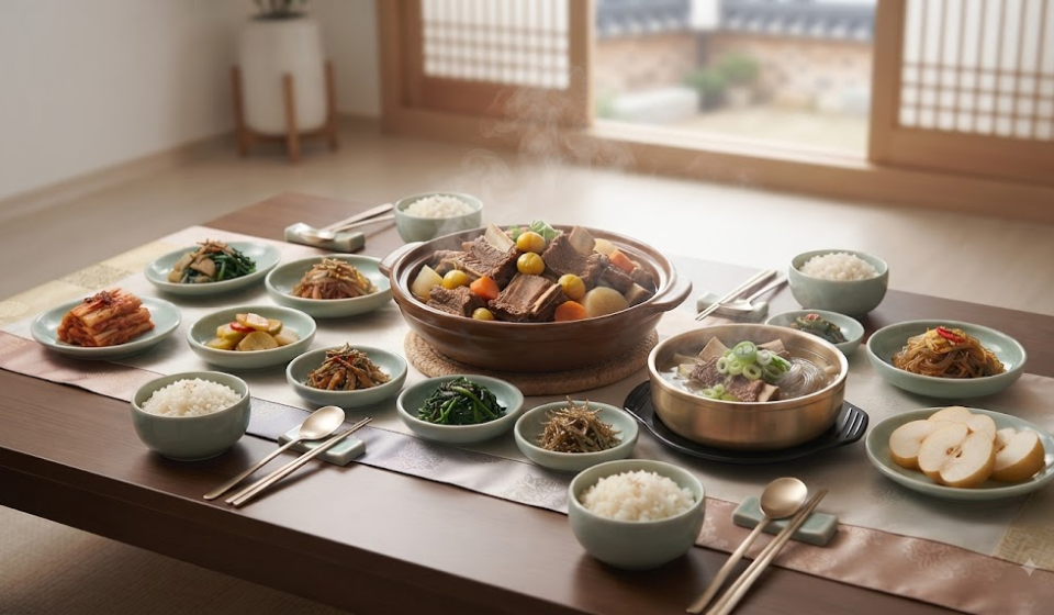 갈비찜 갈비탕 차이를 보여주는 명절 한식 상차림 이미지