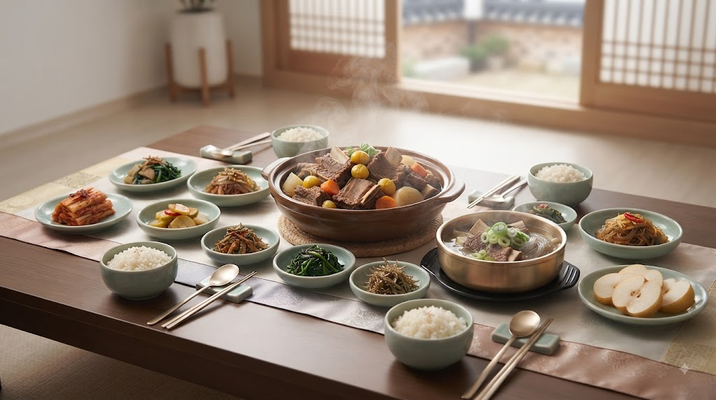 갈비찜 갈비탕 차이를 보여주는 명절 한식 상차림 이미지