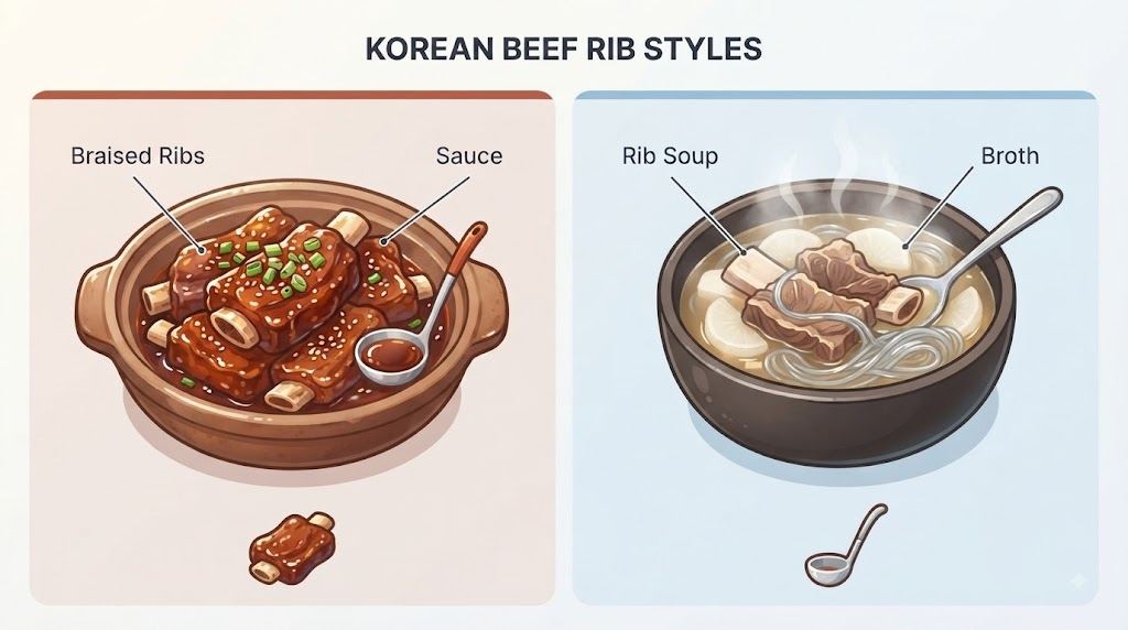 갈비찜 갈비탕 조리 방식과 국물 차이를 설명하는 비교 이미지