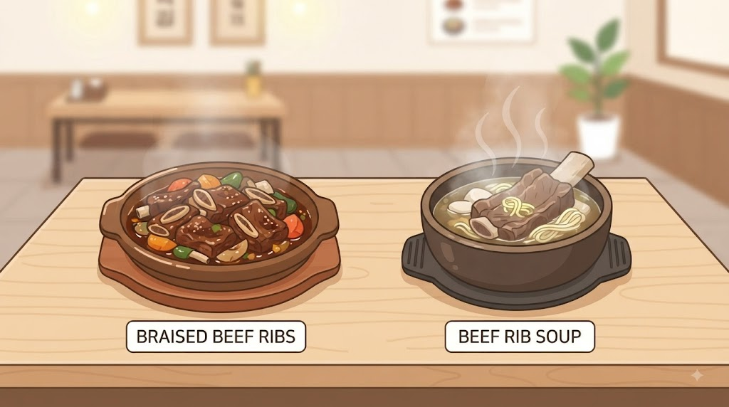 메뉴판에서 갈비찜 갈비탕을 선택하는 상황을 표현한 삽화