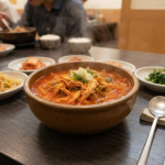 닭개장 이름 뜻을 보여주는 얼큰한 닭개장 한식 식탁 장면