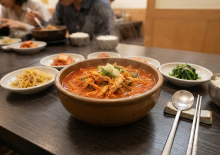 닭개장 이름 뜻을 보여주는 얼큰한 닭개장 한식 식탁 장면