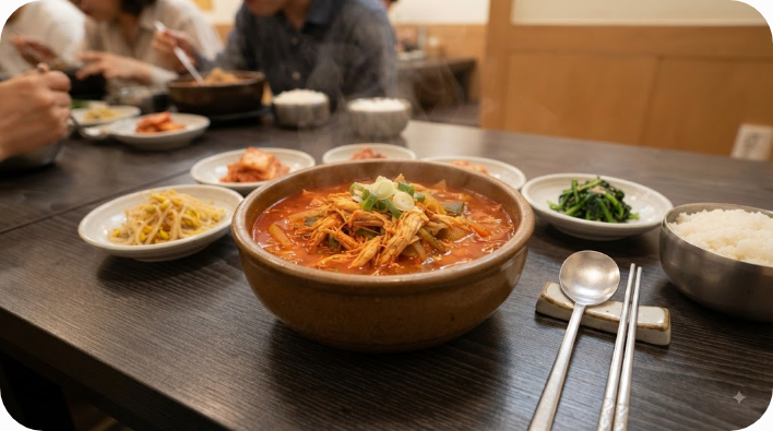 닭개장 이름 뜻을 보여주는 얼큰한 닭개장 한식 식탁 장면