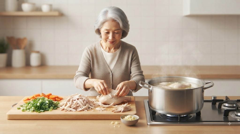 닭개장 이름 뜻 닭개장 조리 방식과 재료를 보여주는 한국 음식 준비 장면
