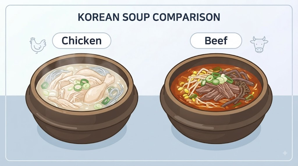 닭개장 이름 뜻 닭개장과 육개장의 대표 재료 차이를 보여주는 음식 비교 삽화
