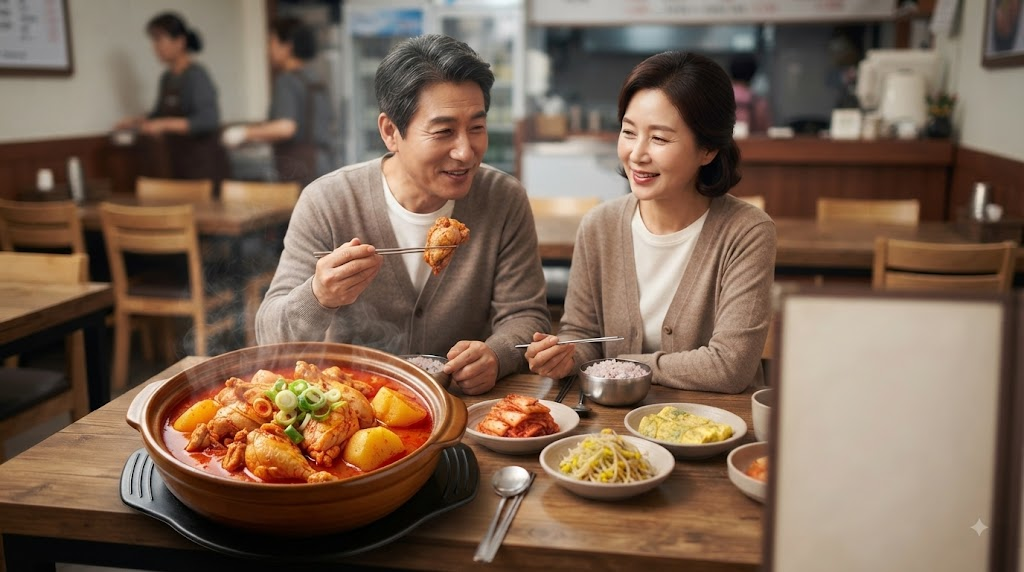 메뉴판 속 닭개장 이름 뜻을 떠올리는 한식 식당 장면