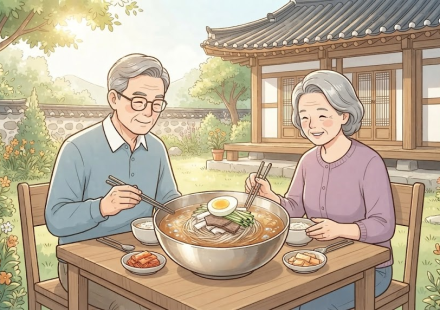 중국냉면 이름 뜻을 보여주는 여름 중국 음식점의 차가운 면 요리 장면