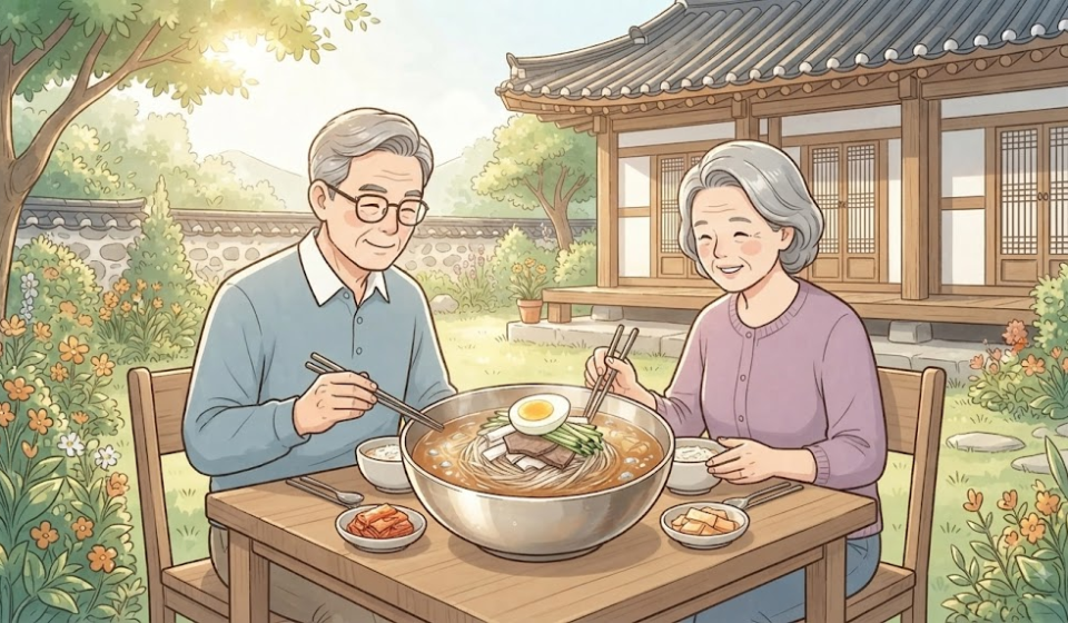 중국냉면 이름 뜻을 보여주는 여름 중국 음식점의 차가운 면 요리 장면