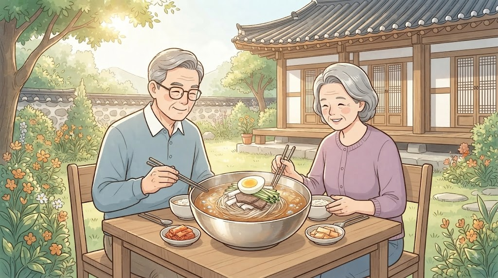 중국냉면 이름 뜻을 보여주는 여름 중국 음식점의 차가운 면 요리 장면