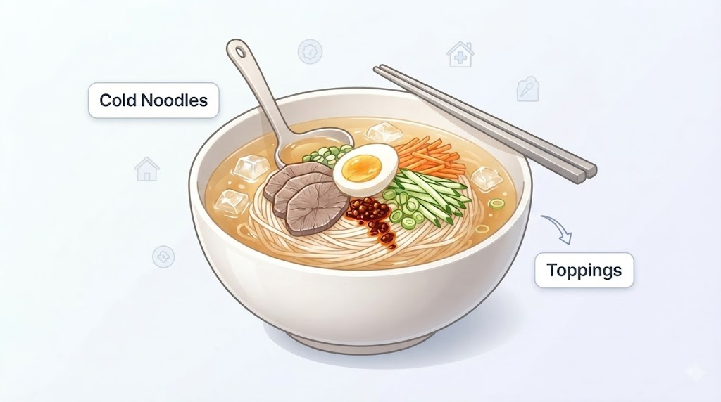 중국냉면 이름 뜻과 차가운 면 요리 구성을 설명하는 인포그래픽