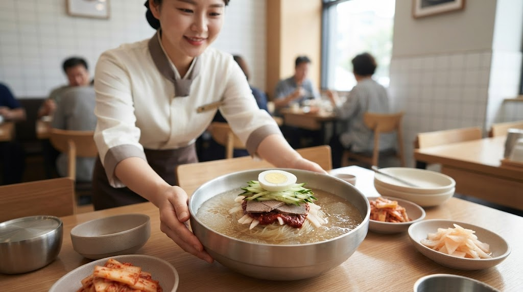 중국냉면 이름 뜻 중국냉면의 해산물과 고명 구성을 보여주는 음식 사진