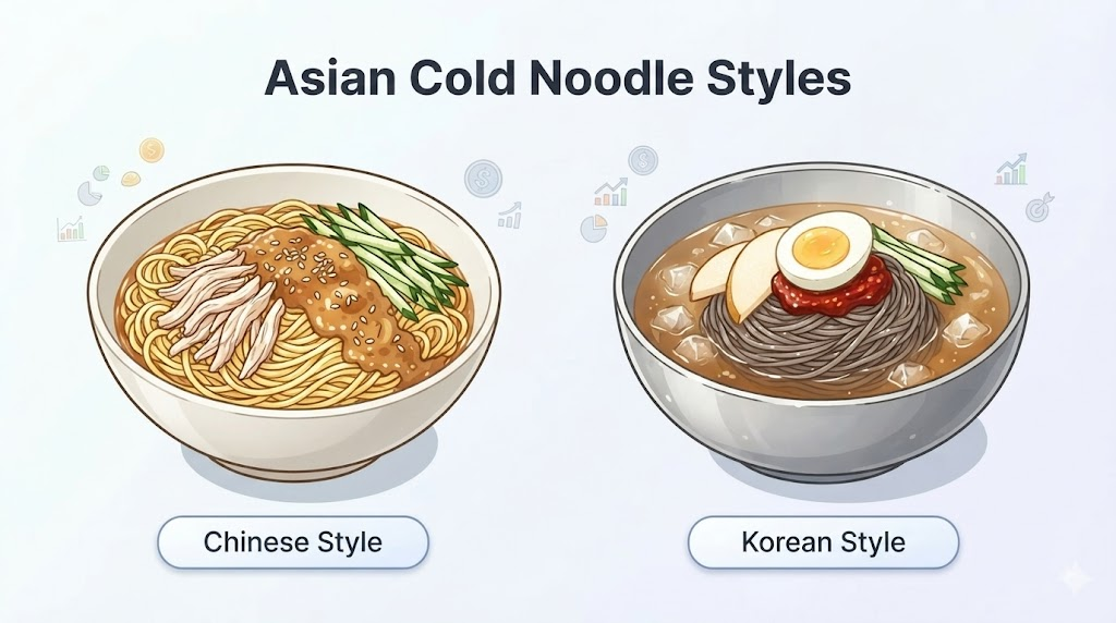 중국냉면 이름 뜻 중국냉면과 한식 냉면의 차이를 보여주는 비교 삽화