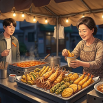 오징어튀김 이름 뜻 분식집 튀김 진열대에 놓인 오징어튀김과 여러 튀김 메뉴