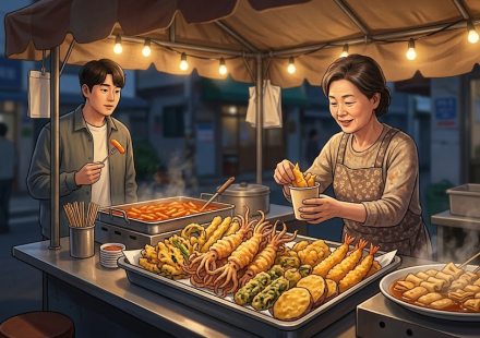 오징어튀김 이름 뜻 분식집 튀김 진열대에 놓인 오징어튀김과 여러 튀김 메뉴