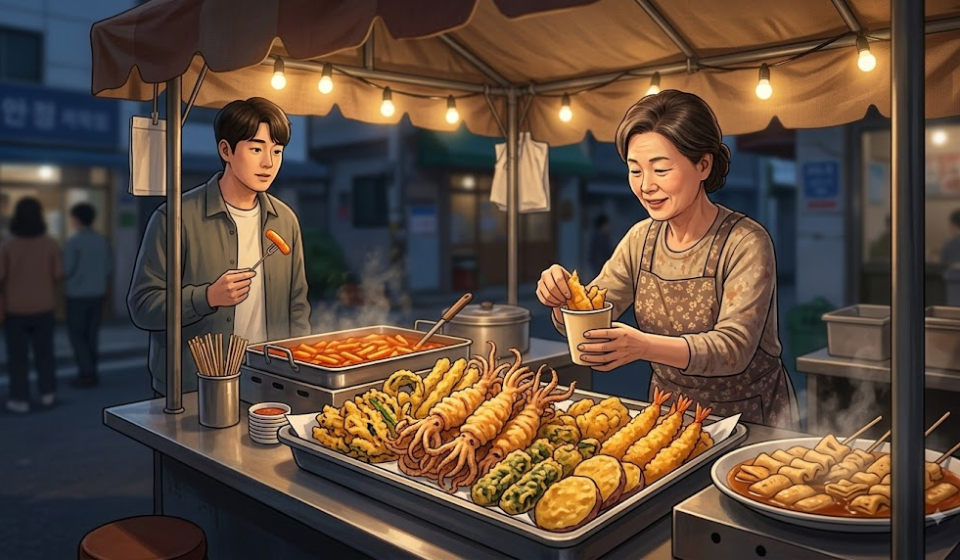 오징어튀김 이름 뜻 분식집 튀김 진열대에 놓인 오징어튀김과 여러 튀김 메뉴