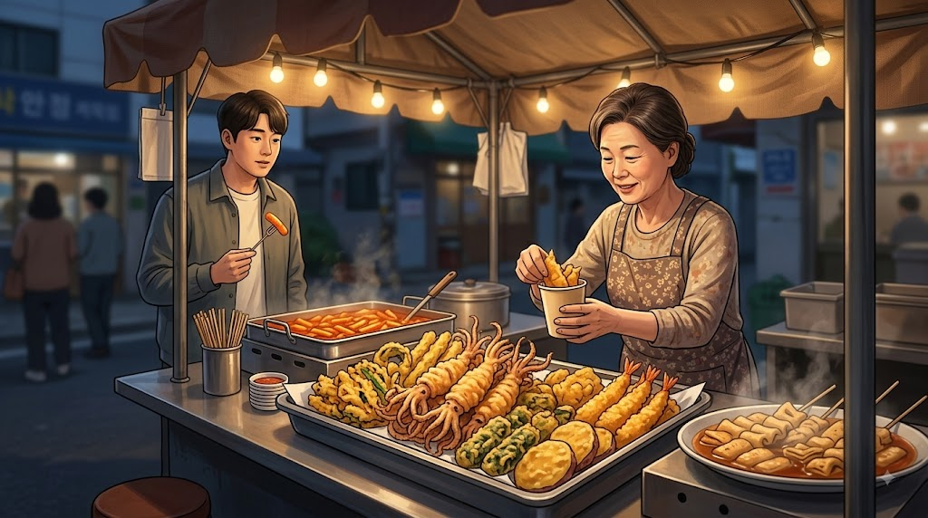 오징어튀김 이름 뜻 분식집 튀김 진열대에 놓인 오징어튀김과 여러 튀김 메뉴