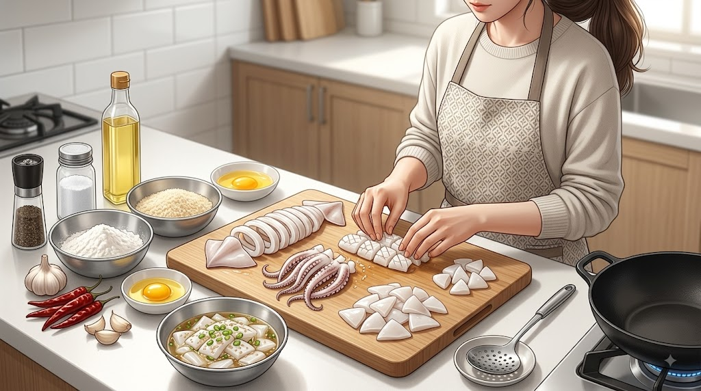 오징어튀김 이름 뜻 오징어 손질과 튀김 재료를 준비하는 조리 장면