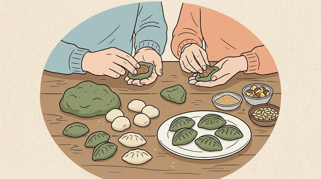 오메기떡 이름 뜻 차조 반죽으로 전통 떡을 만드는 장면