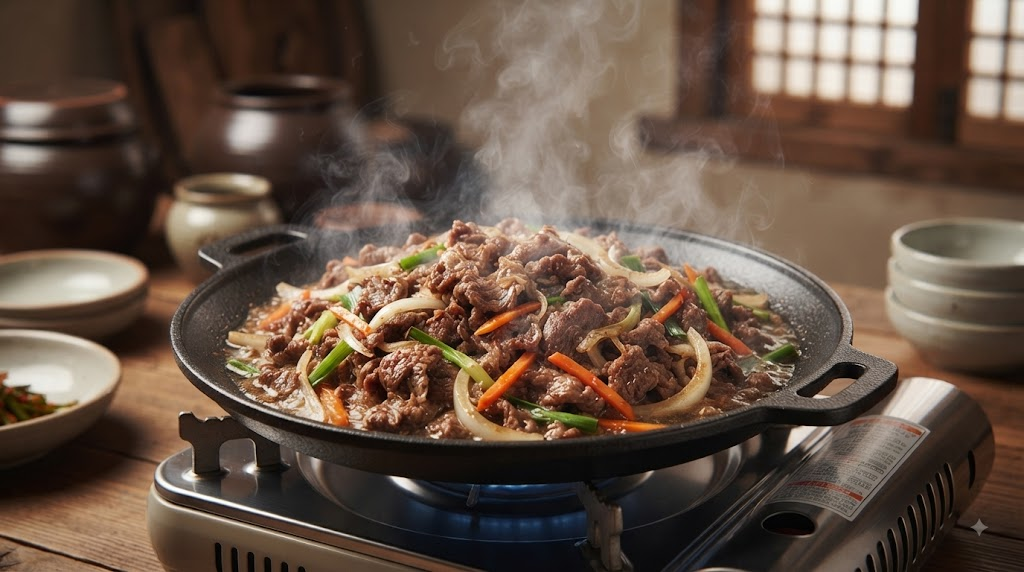 불고기 이름 뜻 불고기 조리 방식과 양념 고기를 보여주는 조리 장면