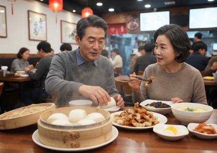 만터우 이름 뜻 중식당 식탁 위에 놓인 만터우 찐빵과 중국 음식 상차림