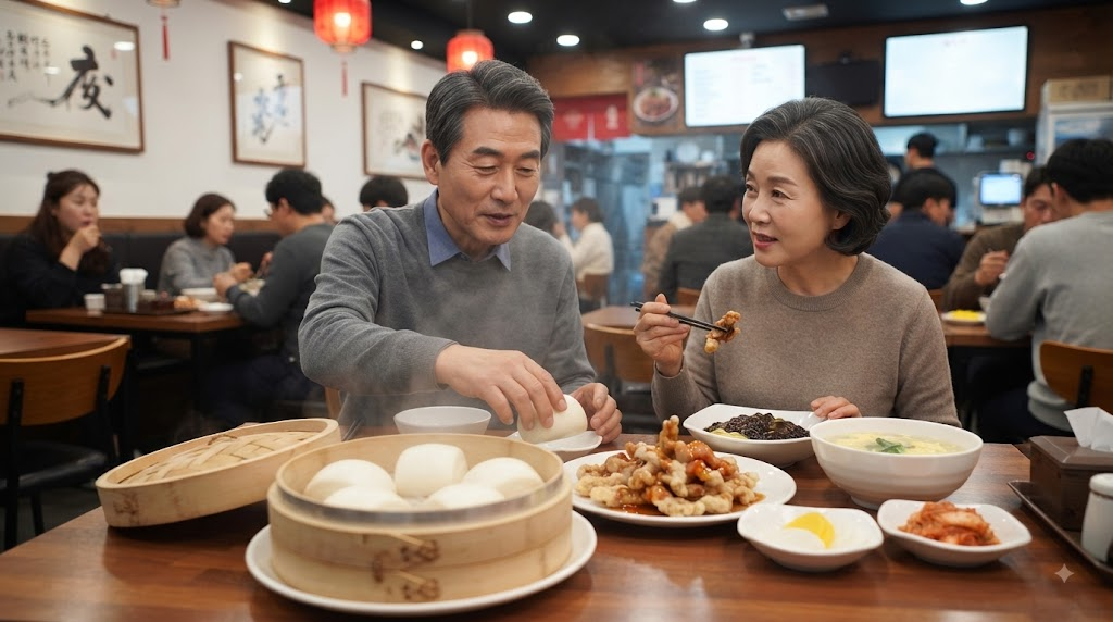 만터우 이름 뜻 중식당 식탁 위에 놓인 만터우 찐빵과 중국 음식 상차림