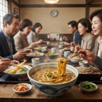 카레우동 이름 뜻 일본 음식점에서 카레우동 메뉴를 고르는 장면과 따뜻한 우동 한 그릇