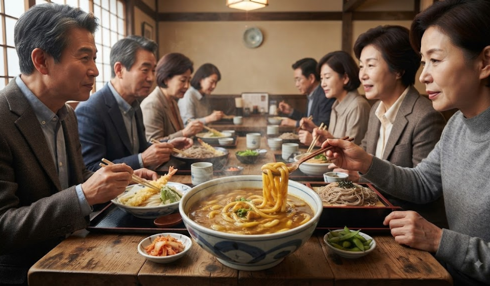 카레우동 이름 뜻 일본 음식점에서 카레우동 메뉴를 고르는 장면과 따뜻한 우동 한 그릇