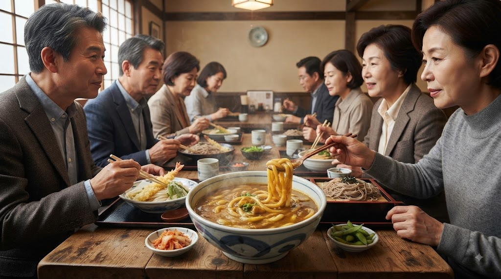 카레우동 이름 뜻 일본 음식점에서 카레우동 메뉴를 고르는 장면과 따뜻한 우동 한 그릇