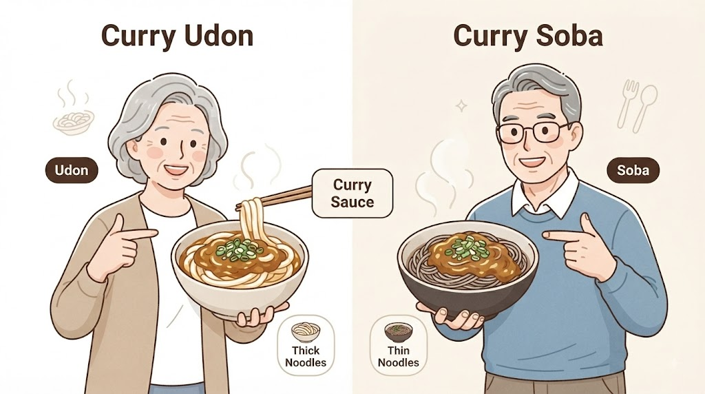 카레우동 이름 뜻 카레우동과 카레소바의 면 차이를 비교하는 설명 삽화
