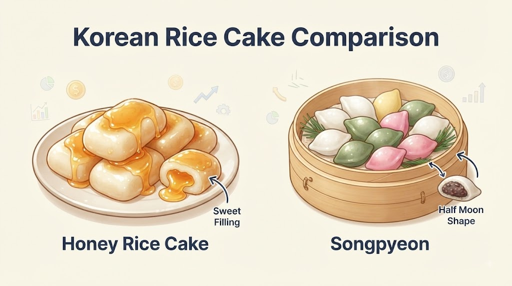 꿀떡 이름 뜻 꿀떡과 송편의 특징을 비교하는 전통 떡 일러스트