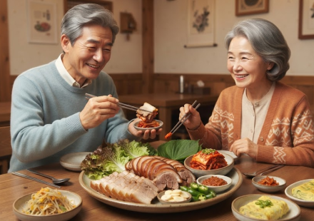 보쌈 족발 김치와 쌈 채소가 곁들여진 보쌈과 족발 한 상