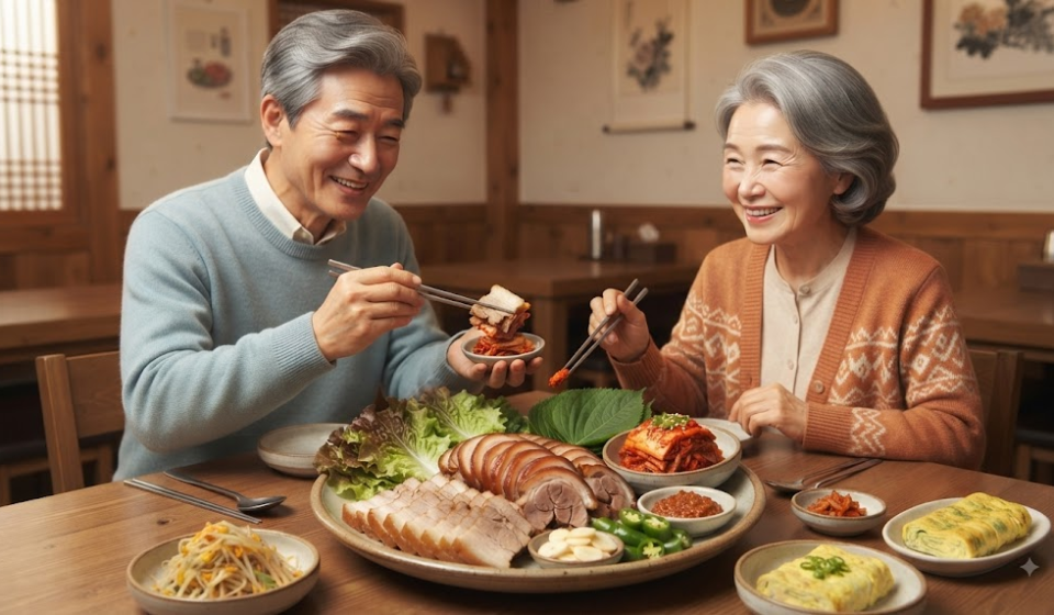보쌈 족발 김치와 쌈 채소가 곁들여진 보쌈과 족발 한 상