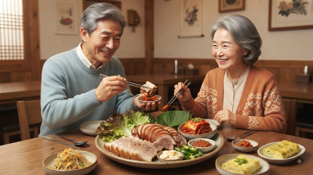 보쌈 족발 김치와 쌈 채소가 곁들여진 보쌈과 족발 한 상