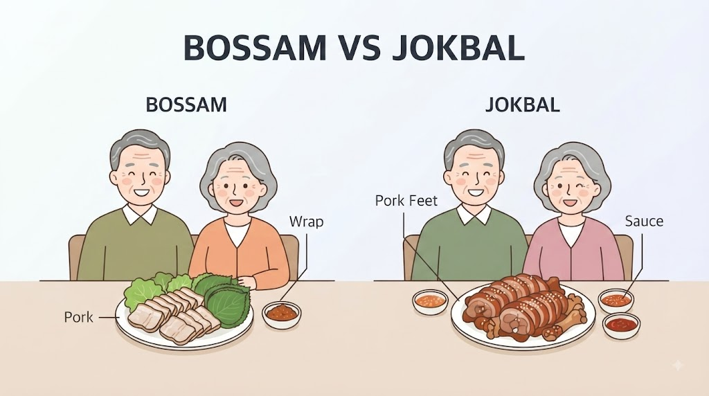 보쌈 족발 보쌈과 족발의 재료와 이름 기준을 비교하는 설명 이미지