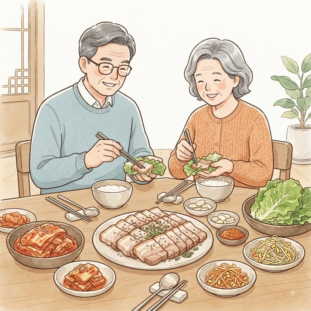 보쌈 족발 김치와 함께 담긴 보쌈 고기와 채소 상차림
