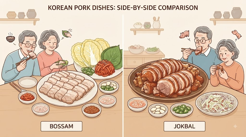보쌈 족발 보쌈과 족발의 차이를 보여주는 비교 삽화