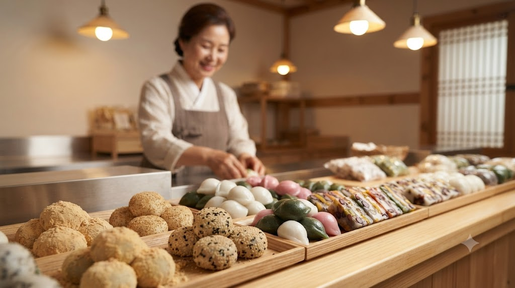 떡집 진열대에서 송편과 함께 놓인 둥근 꿀떡, 꿀떡 이름 뜻을 보여주는 장면