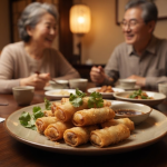 중식당 접시에 담긴 바삭한 춘권과 춘권 이름 뜻을 떠올리는 장면