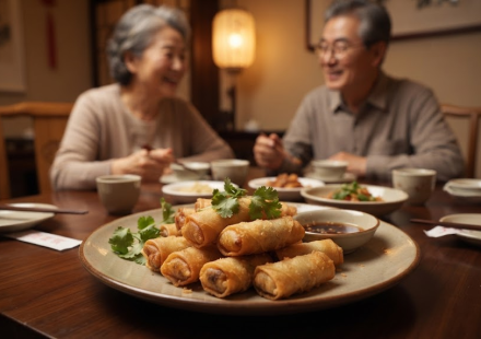 중식당 접시에 담긴 바삭한 춘권과 춘권 이름 뜻을 떠올리는 장면