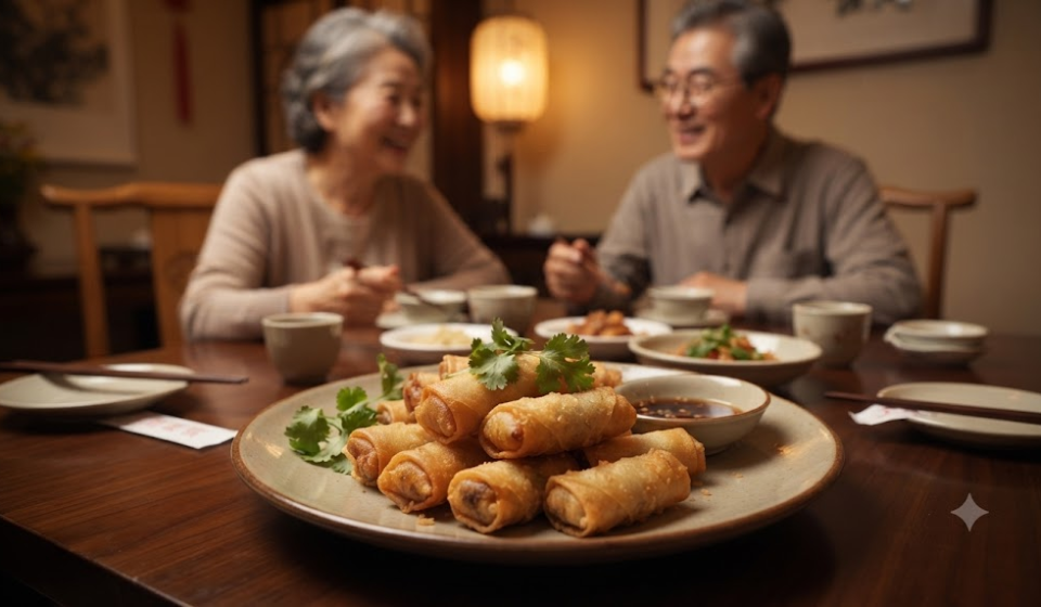 중식당 접시에 담긴 바삭한 춘권과 춘권 이름 뜻을 떠올리는 장면