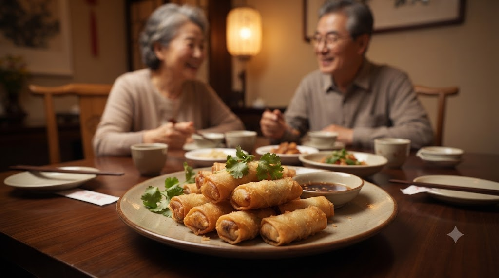 중식당 접시에 담긴 바삭한 춘권과 춘권 이름 뜻을 떠올리는 장면