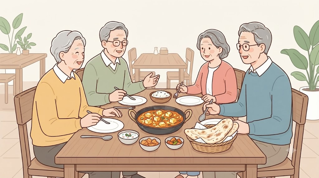 파니르커리 이름 뜻 여러 인도 음식과 함께 차려진 파니르커리 식탁 장면