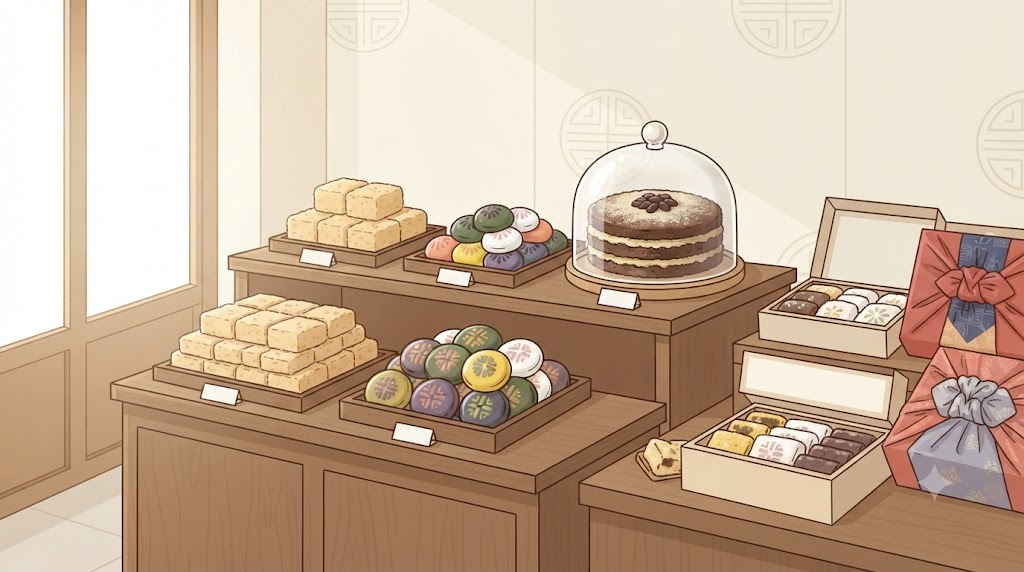 두텁떡 이름 뜻 떡집 진열대에 놓인 전통 떡과 두텁떡 선물 상자