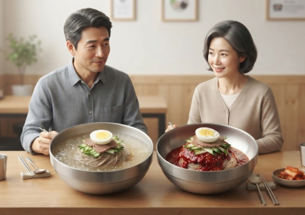 물냉면 비빔냉면 냉면집 식탁에 물냉면과 비빔냉면이 나란히 놓인 모습