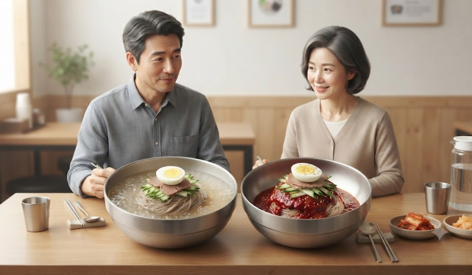 물냉면 비빔냉면 냉면집 식탁에 물냉면과 비빔냉면이 나란히 놓인 모습